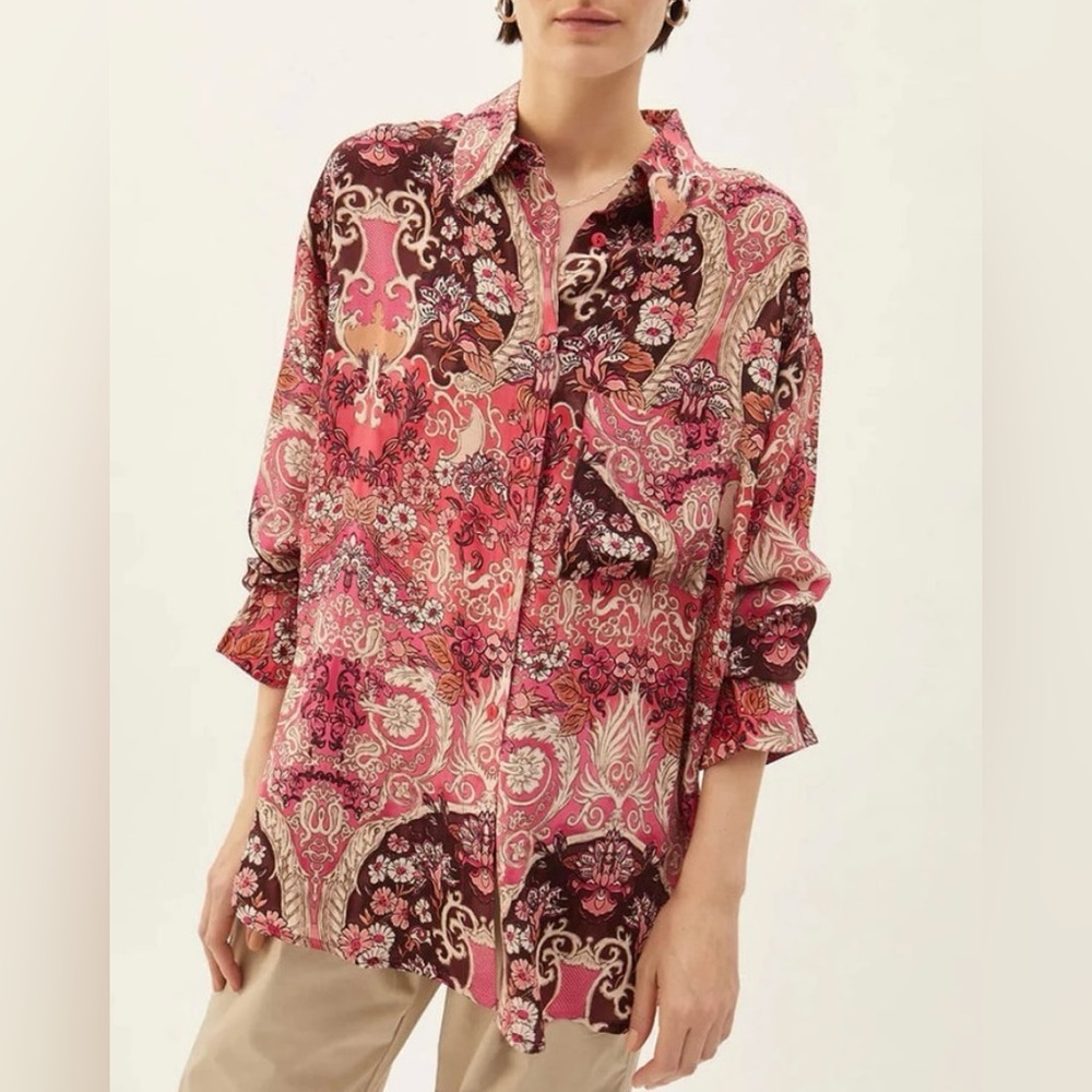 NWOT Maria Cher- Besula Pilar 100% Silk Button Down Blouse. Size XS.